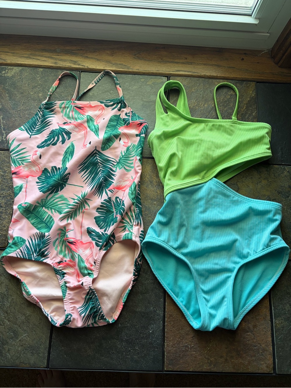 Girls Tropical Flamingo One-Piece & Lime + Aqua Two-Piece Swimsuits